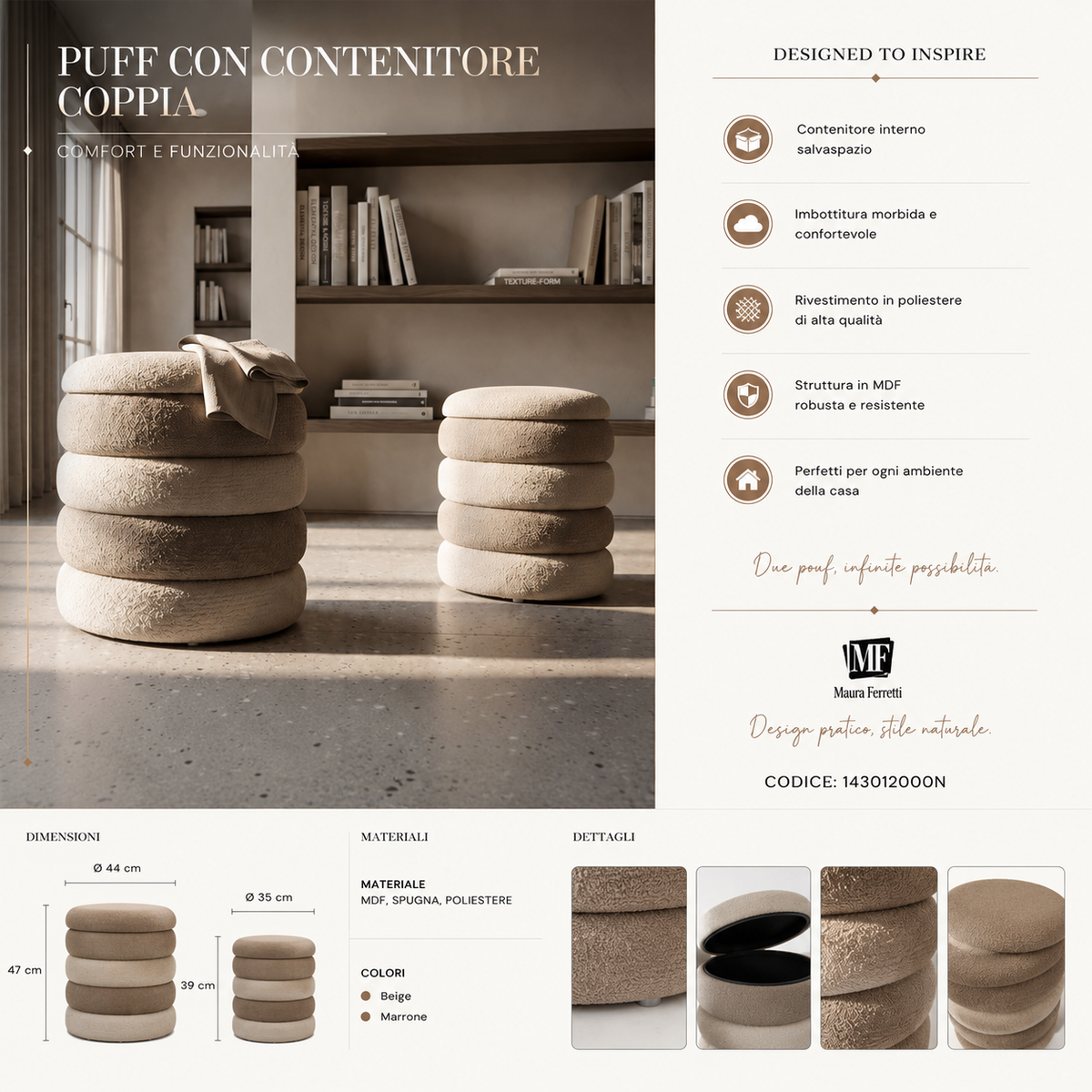 Set 2 Pouf Stile Nordico Naturale - Ferretti