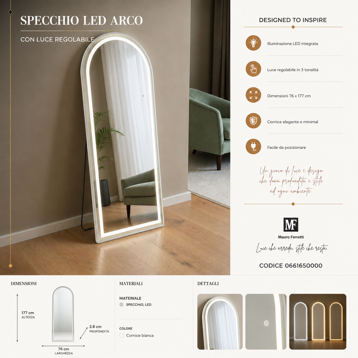 Specchio Da Terra/Muro Ad Arco Con Illuminazione Led A 3 Tonalità - Ferretti