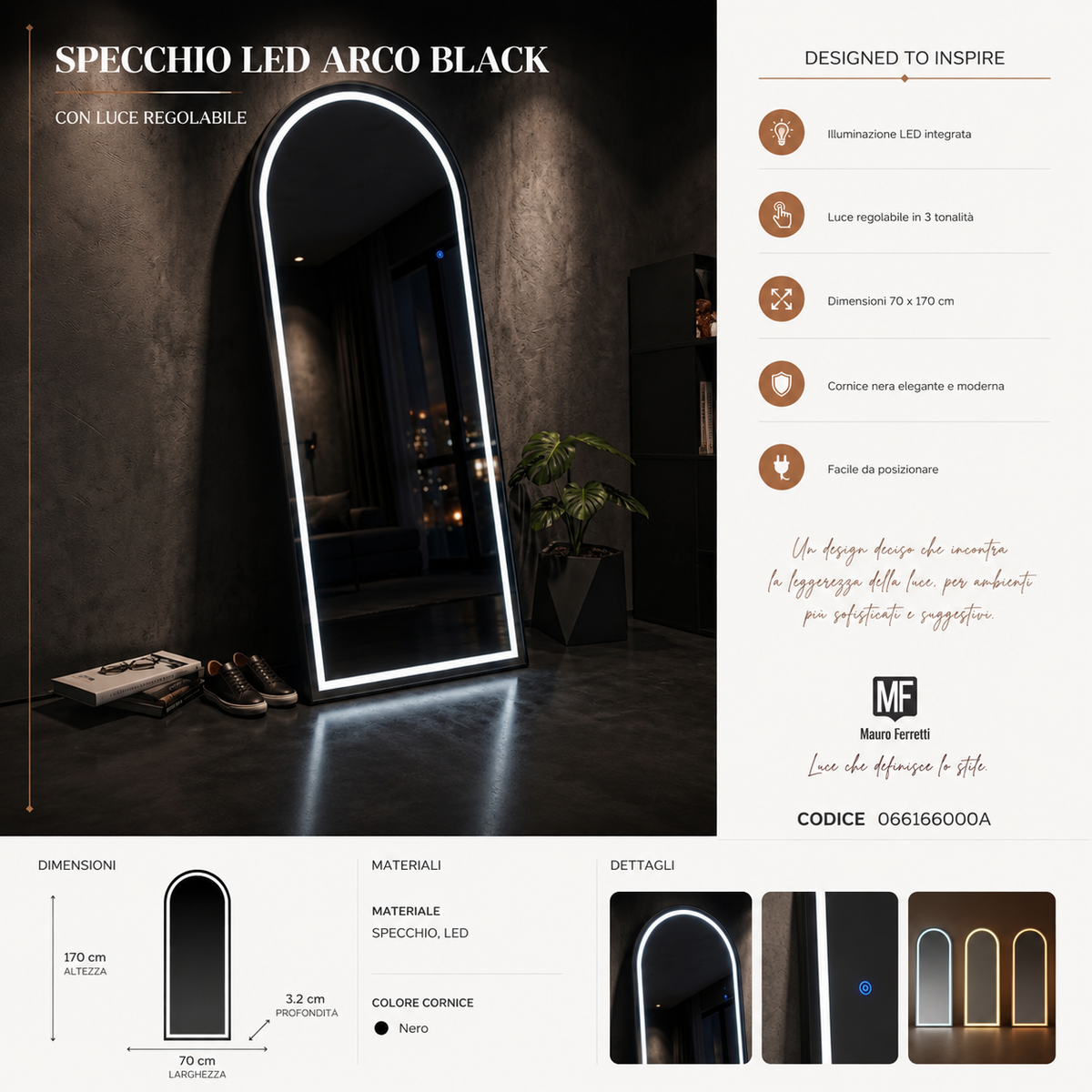 Specchio Da Terra/Muro Ad Arco Con Illuminazione Led - Ferretti