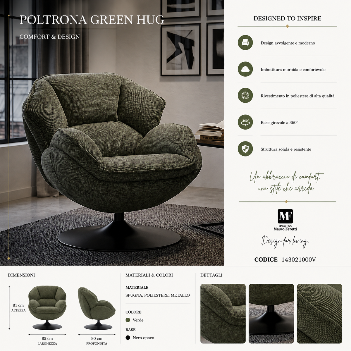 Poltrona Girevole Verde In Stile Retrò 85X80X81cm - Ferretti