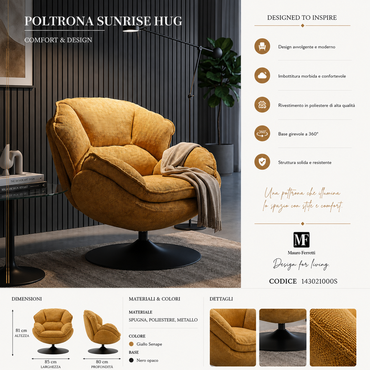 Poltrona Girevole Senape In Stile Retrò 85X80X81cm - Ferretti