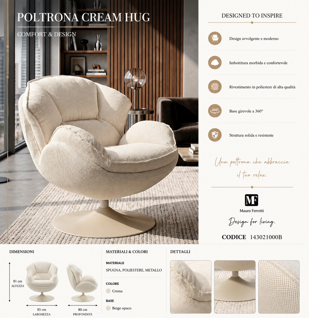 Poltrona Girevole Bianca In Stile Retrò 85X80X81cm - Ferretti
