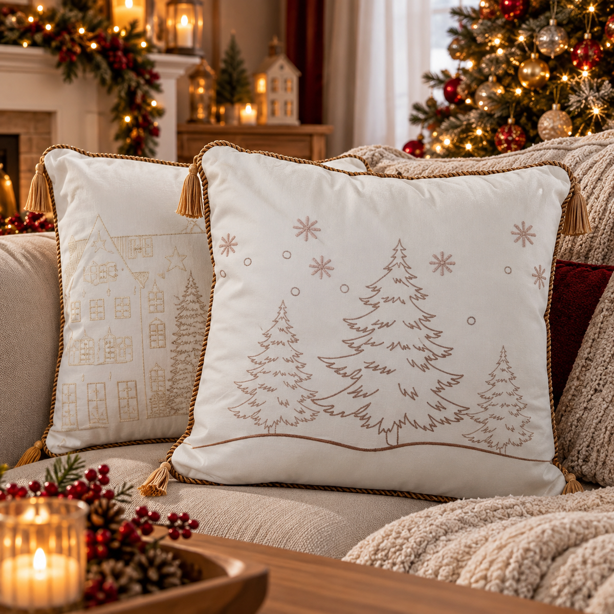 Set 2 Cuscini Arredo Natalizi White & Gold Xmas in Soffice Velluto con Nappine 45x45 cm - L'Atelier17