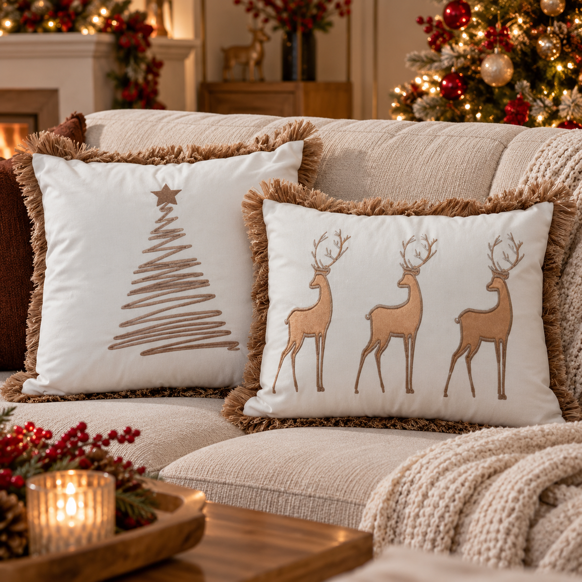 Set 2 Cuscini Arredo Natalizi White & Gold Xmas in Soffice Velluto con Frange 45x45 + 30x50 cm - L'Atelier17