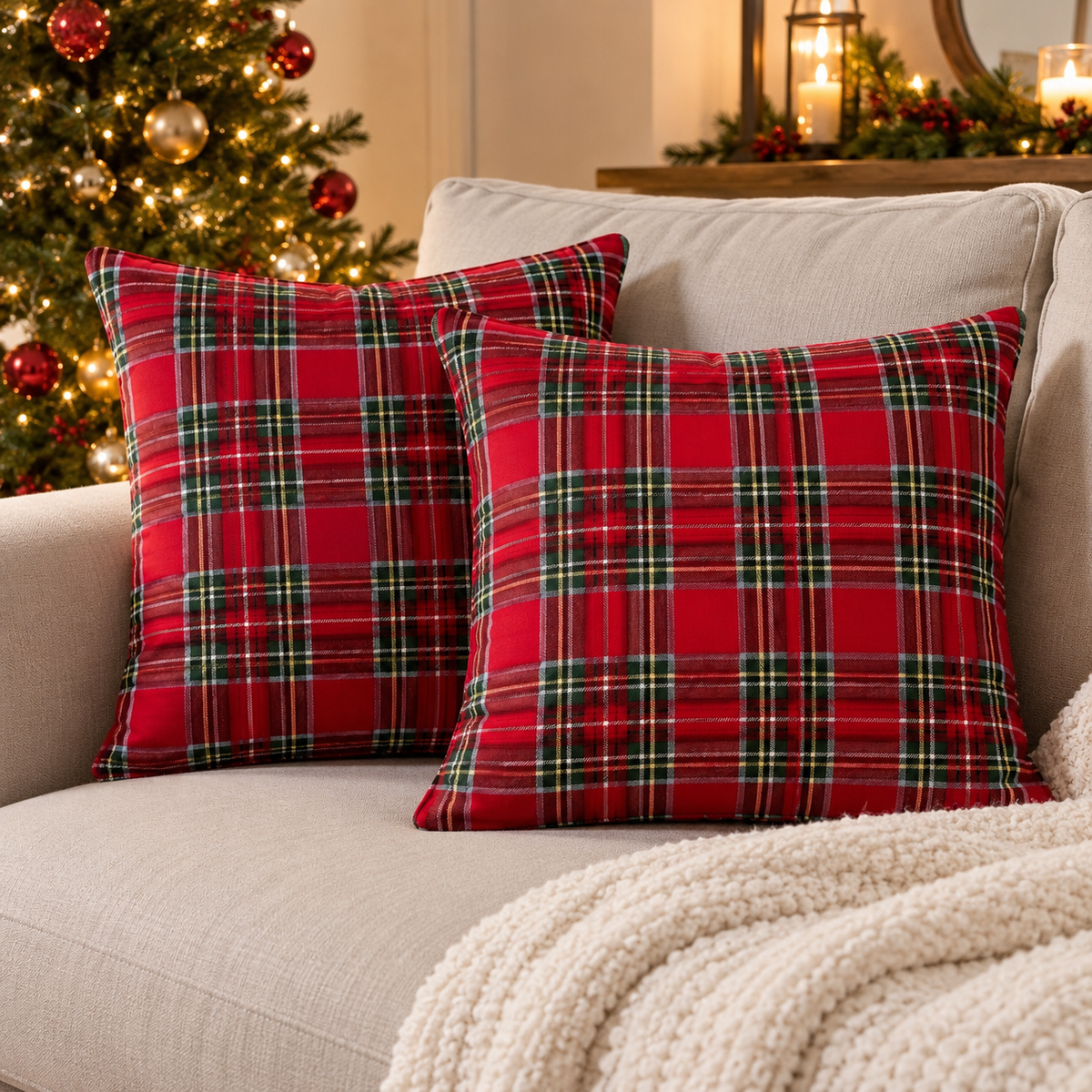 Coppia Cuscini Arredo Natalizi Tartan Scozzese 42x42 cm Sfoderabili - BA