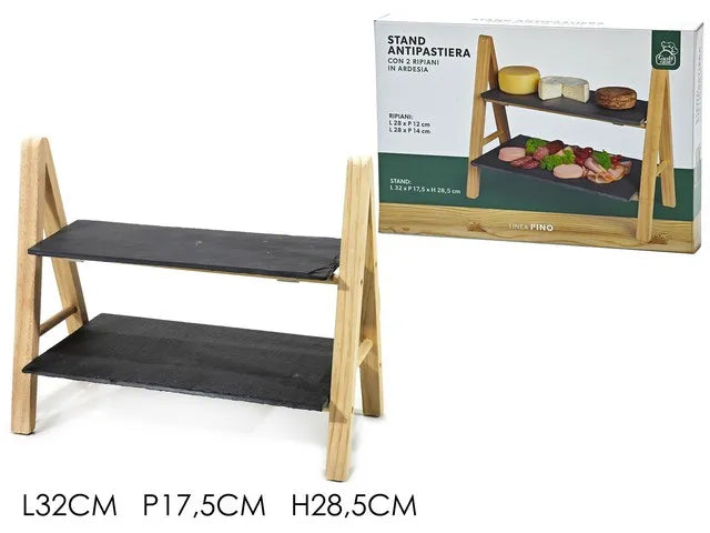 Stand Antipastiera in Legno con 2 Ripiani in Ardesia 32 x 17,5 x 28,5 cm - Gusto Casa