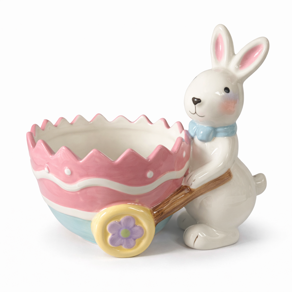 Carrettino Coniglio in Ceramica – Coniglietto Pasquale 18x18 cm
