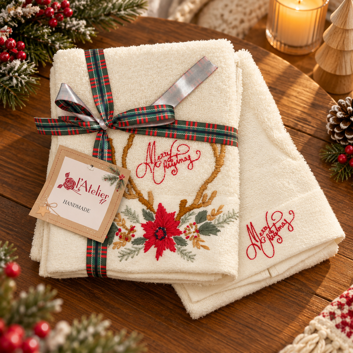 Set Asciugamani Natalizi 1+1 Viso e Ospite Handmade Xmas - L'Atelier17