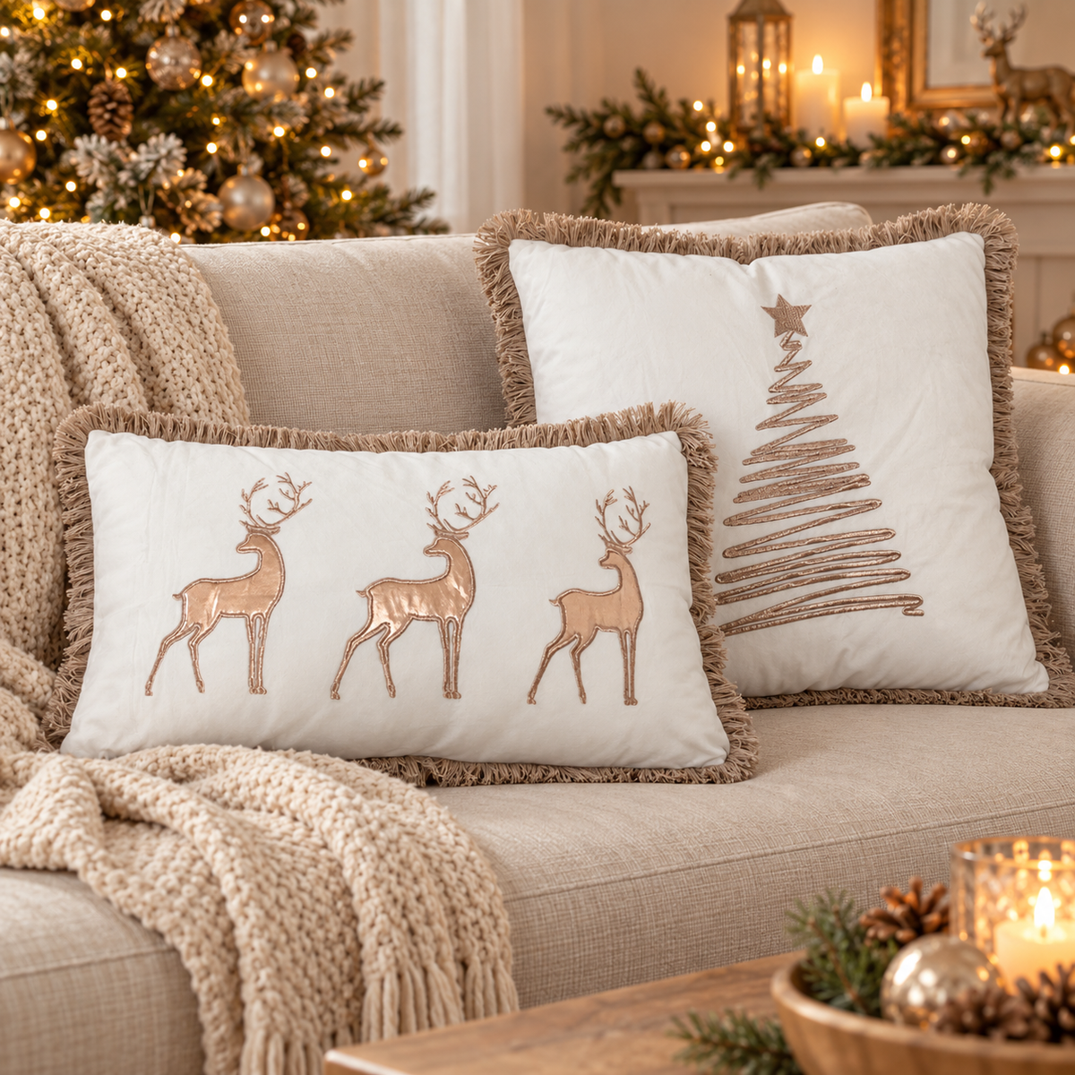 Set 2 Cuscini Arredo Natalizi White & Gold Xmas in Soffice Velluto con Frange 45x45 + 30x50 cm - L'Atelier17