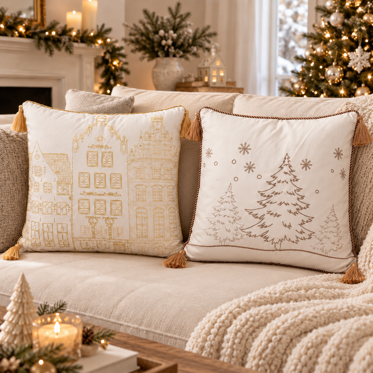 Set 2 Cuscini Arredo Natalizi White & Gold Xmas in Soffice Velluto con Nappine 45x45 cm - L'Atelier17