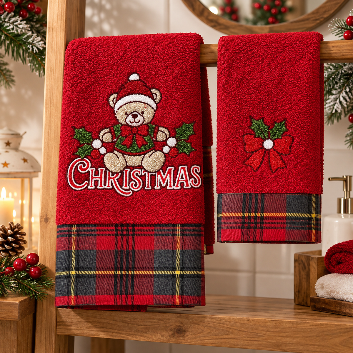 Set Asciugamani 1+1 Natalizi Scozia Xmas Orsetti in Spugna 100% Cotone - Vingi