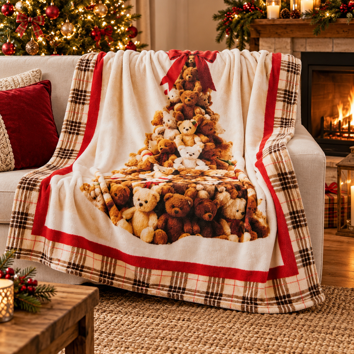 Plaid Natalizio Cashmere Touch in Ecopelliccia con Stampa Digitale Albero 130x160 cm - Linea Oro