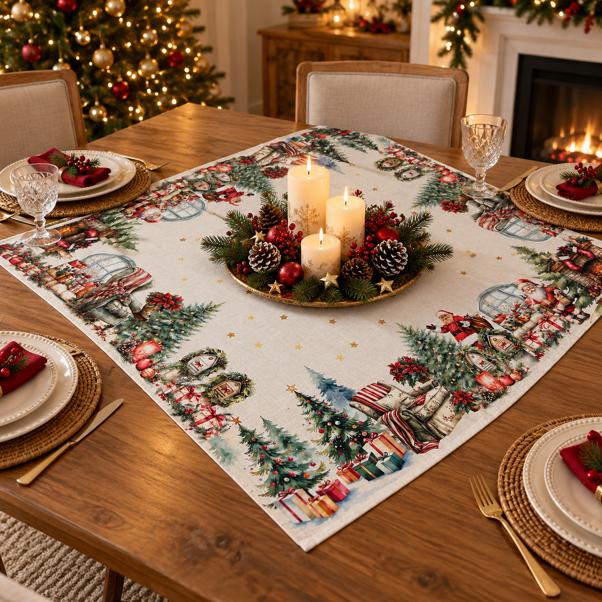Centrotavola Natalizio Tiffany Xmas Dis. 6 Babbo Natale 93x93 cm in 100% Cotone - Vingi