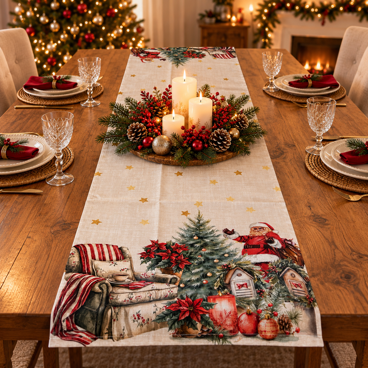 Runner Natalizio Tiffany Xmas Dis. 6 Babbo Natale 45x140 cm in 100% Cotone - Vingi
