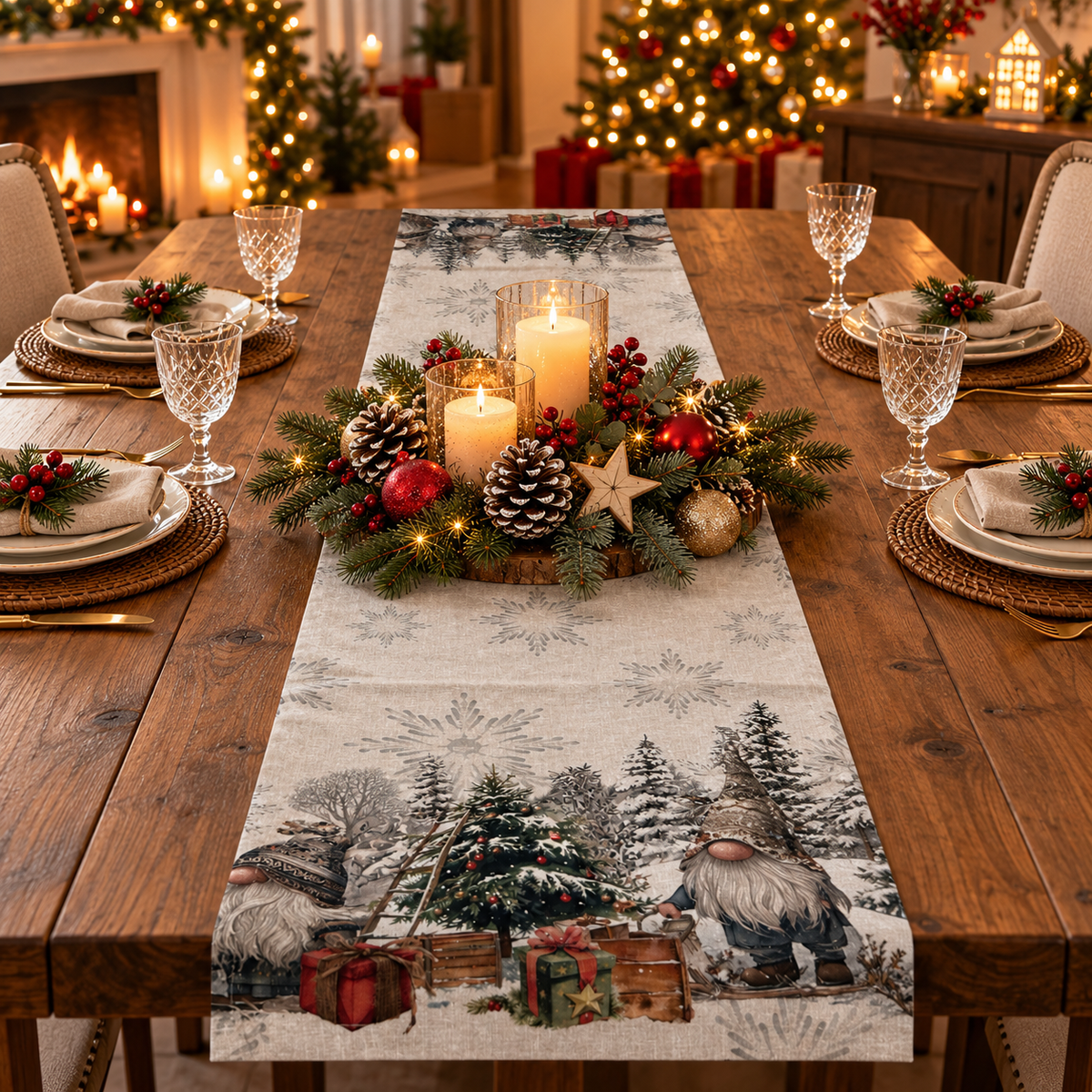 Runner Natalizio Tiffany Xmas Dis. 8 Gnomi Natalizi 45x140 cm in 100% Cotone - Vingi