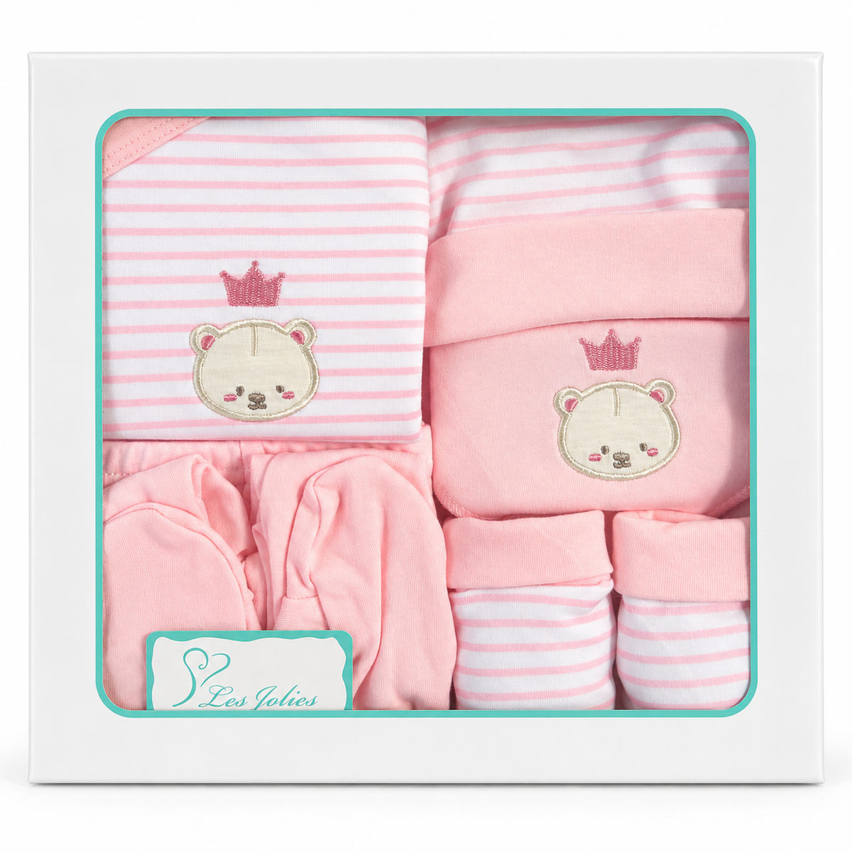 Set Nascita Neonato 5 Pezzi 100% Cotone con Cappellino, Muffolette, Bavetto e Completo Tutina art. LJ3591 dis. 02 - Les Jolies