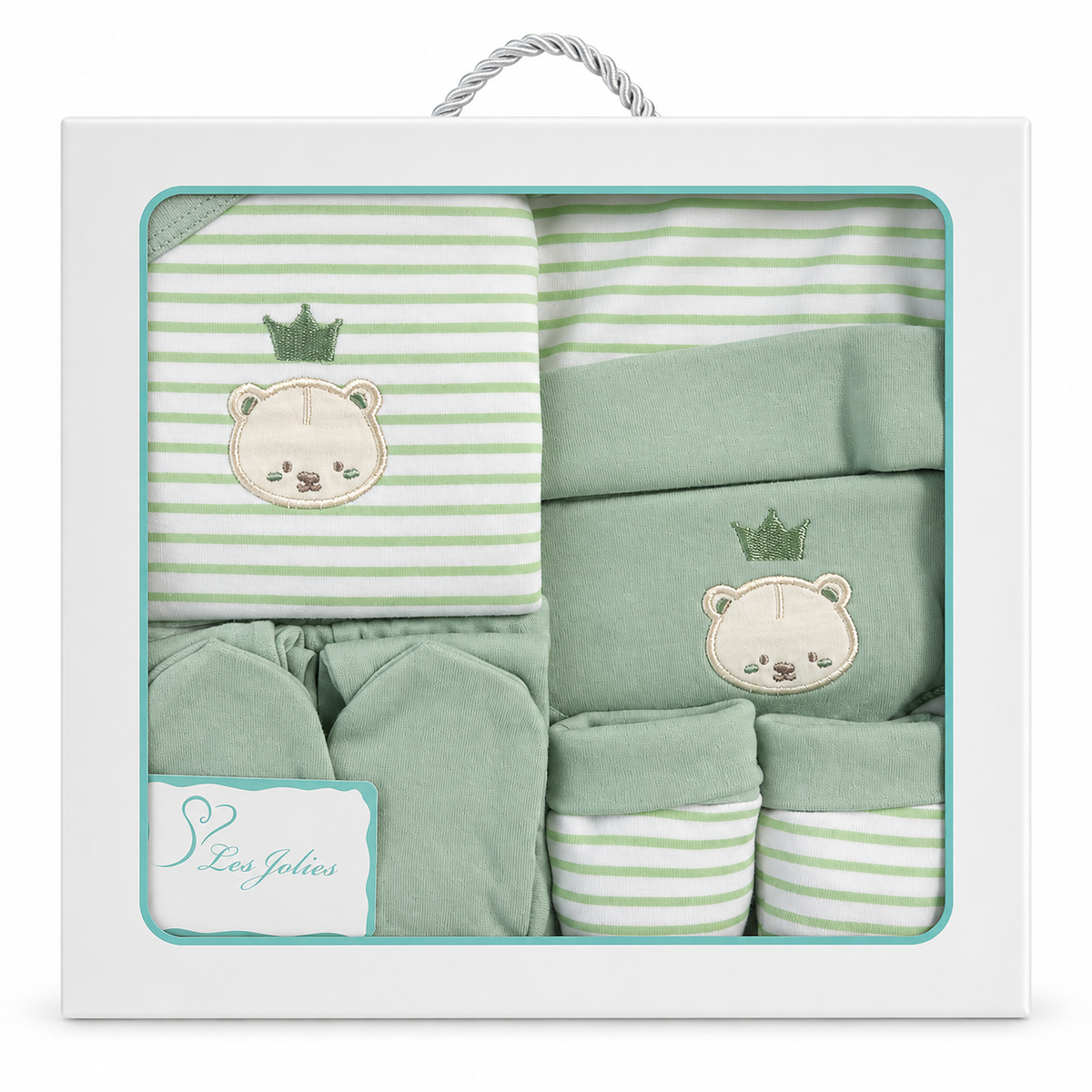 Set Nascita Neonato 5 Pezzi 100% Cotone con Cappellino, Muffolette, Bavetto e Completo Tutina art. LJ3591 dis. 02 - Les Jolies