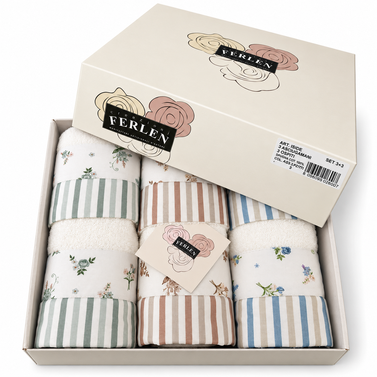 Set 3+3 Asciugamani Viso e Ospite Iside in Spugna 100% Cotone - Ferlen