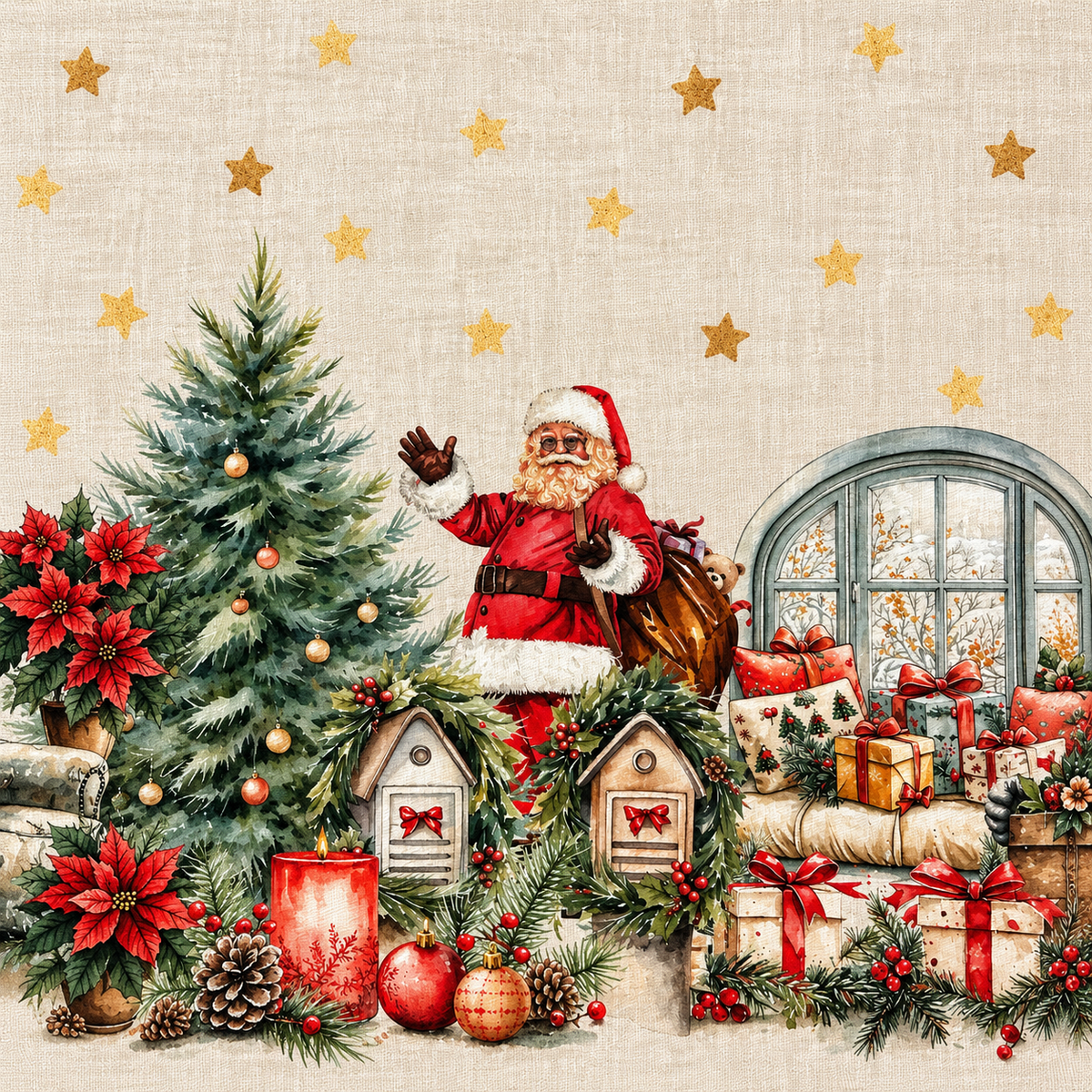 Centrotavola Natalizio Tiffany Xmas Dis. 6 Babbo Natale 93x93 cm in 100% Cotone - Vingi