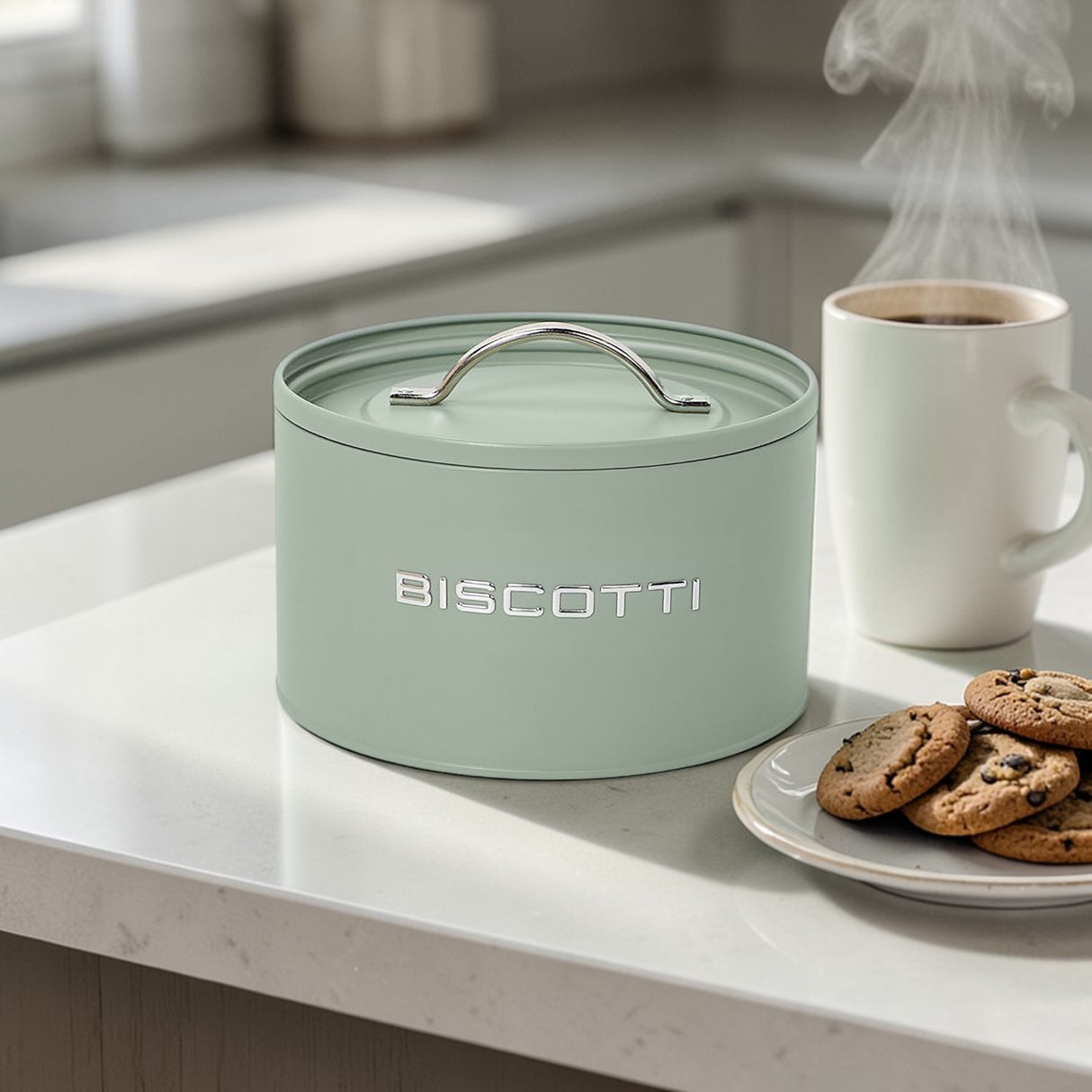 Kitchen Biscottiera in Metallo Verde Salvia 21,5x21,5x12 cm - Montemaggi
