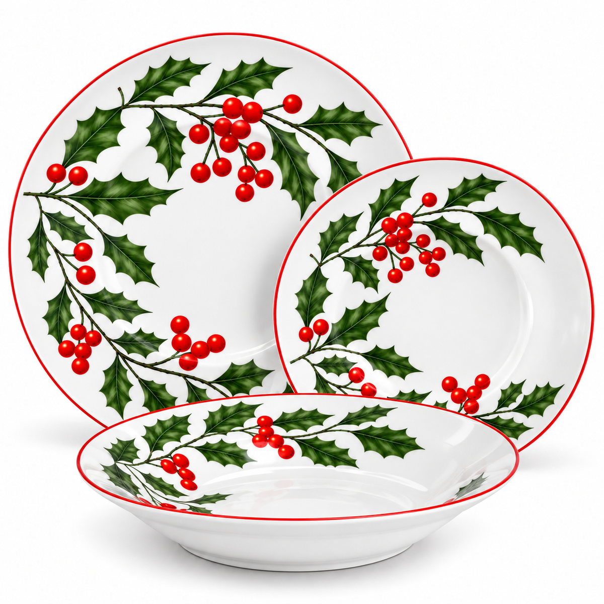 Servizio Piatti Natalizio 18pz Christmas Agrifoglio e Bacche Rosse - Arca