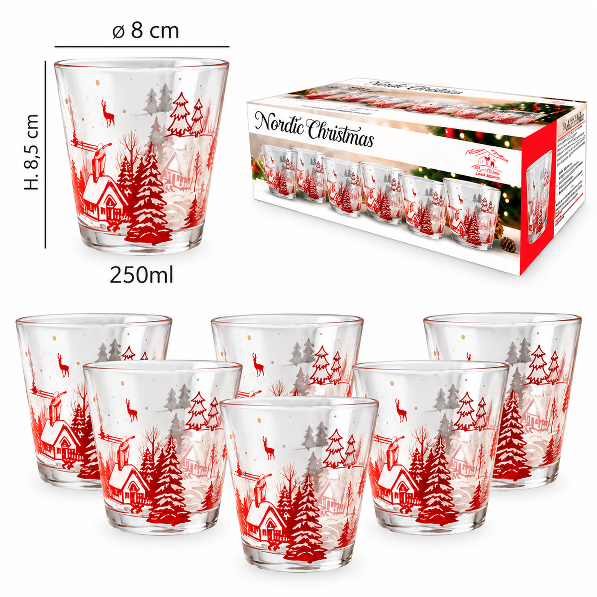 Set 6 Bicchieri Natalizi Nordic Christmas in Vetro 250 ml - Arca