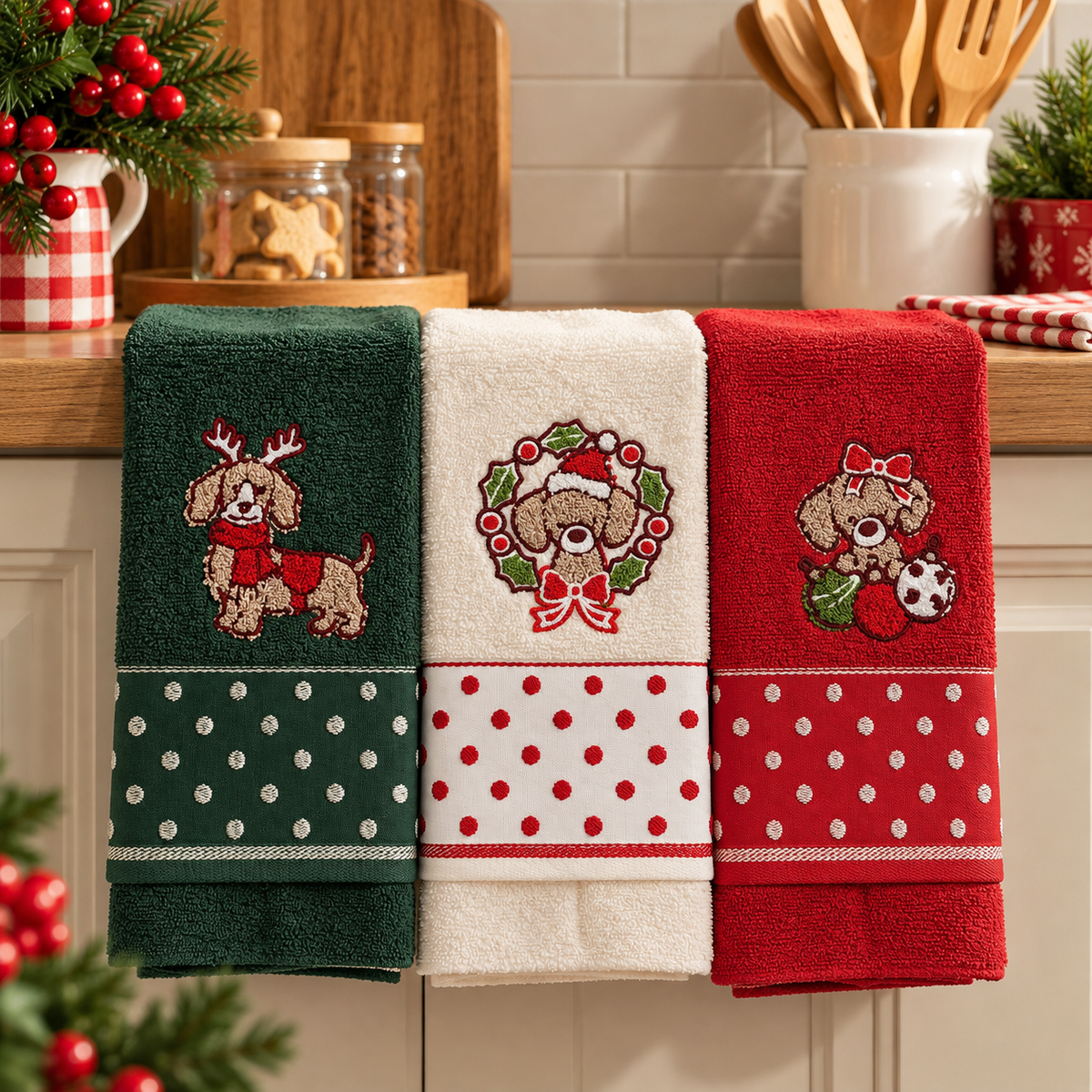 Set 3 Strofinacci Natalizi Pois Xmas 100% Cotone - Vingi