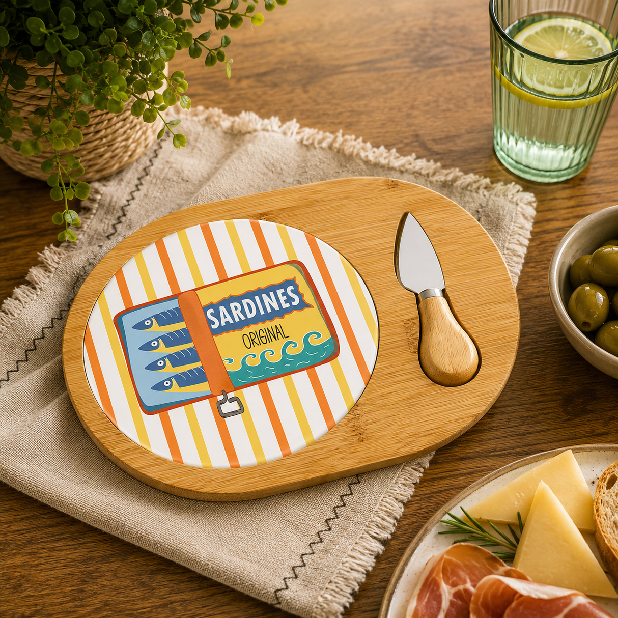 Set Tagliere Sardine Montemaggi in Bamboo e Ceramica con Coltello 29x19 cm