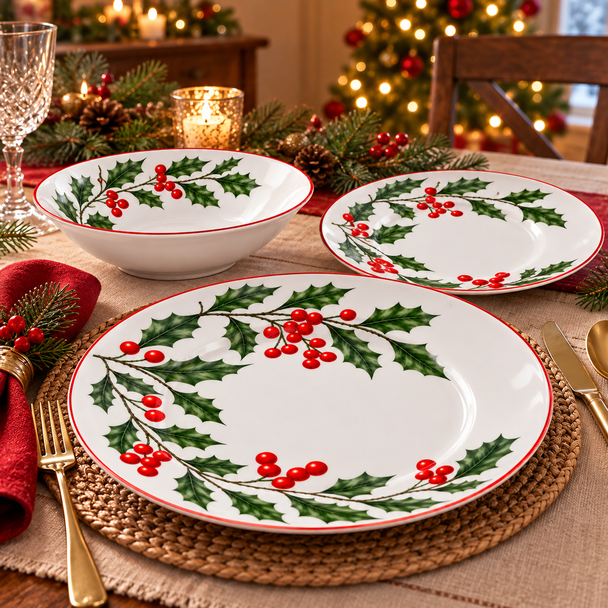 Servizio Piatti Natalizio 18pz Christmas Agrifoglio e Bacche Rosse - Arca