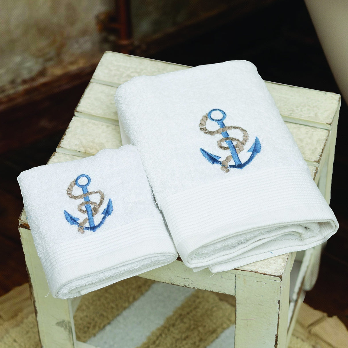 Set Asciugamani 1+1 Ancora L’Atelier 17 in Spugna Cotone 500 GSM Bianco Sabbia Blu Mare