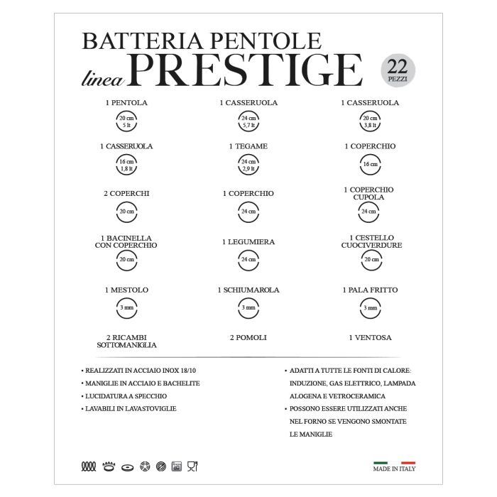 Batteria di Pentole da 22 Pezzi Sì Chef Linea Prestige in Acciaio Inox 18/10 Maestri Cotonieri Restaurant