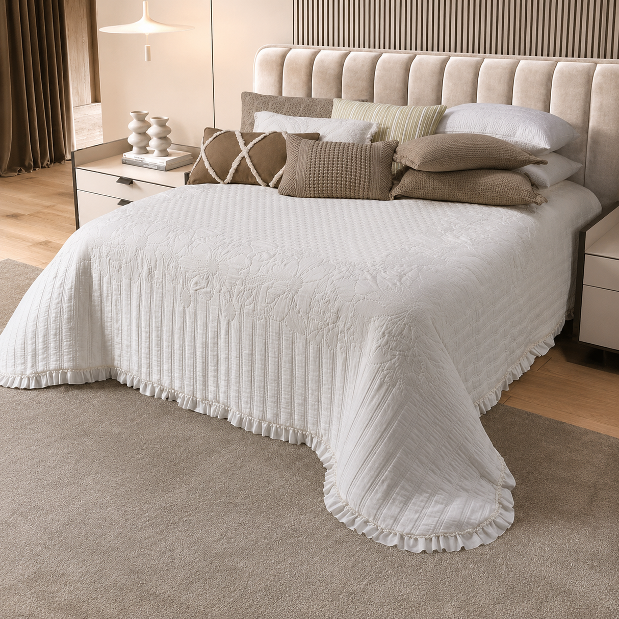 Copriletto Matrimoniale Mariage Botticelli – Jacquard Matelassé 100% Cotone con Rouches