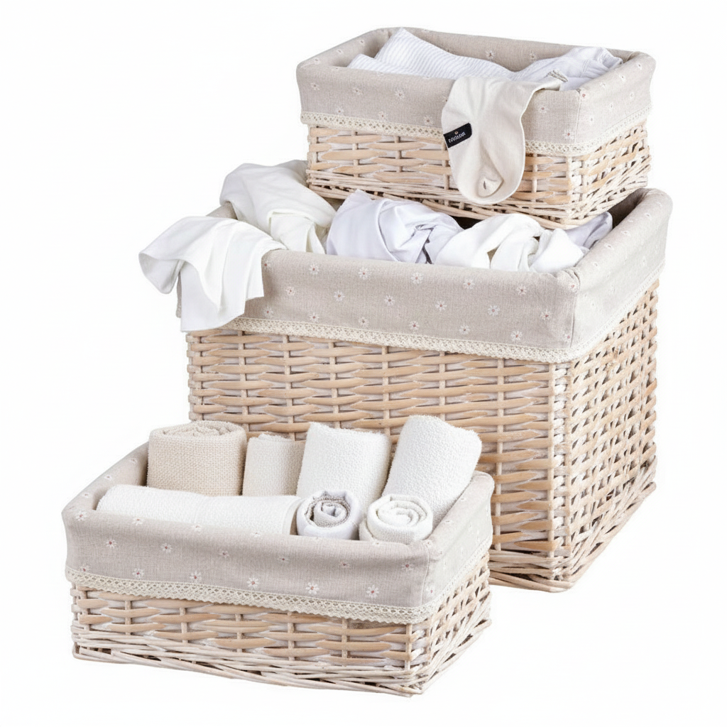 Set 3 Ceste Porta Biancheria Rettangolari in Vimini con Fodera Margherite - Montemaggi