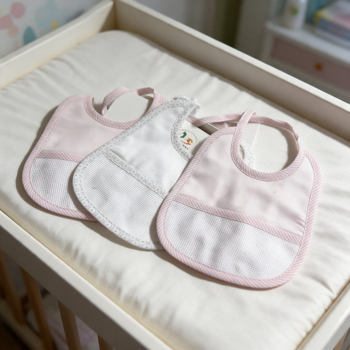 Set 3 Bavetti Neonato 100% Cotone con Inserto Tela Aida art. 191 dis. 007 - Mio Piccolo