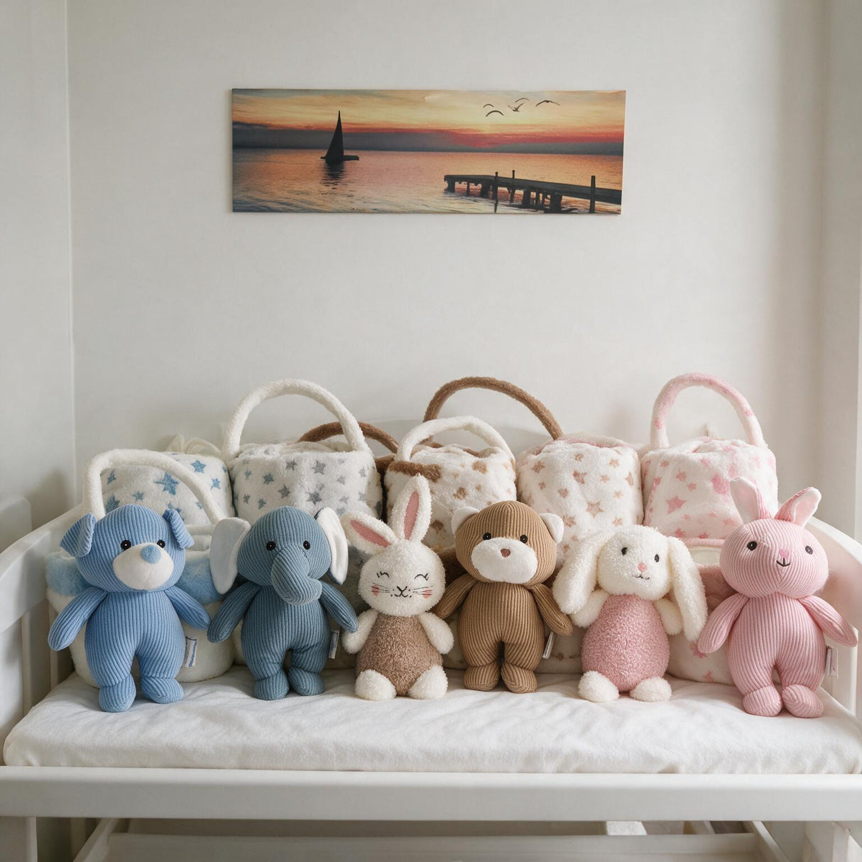 Set 3 Pezzi Baby Copertina Culla/Carrozzina con Cestino e Peluche Coordinati art. B565 - I Batuffolini