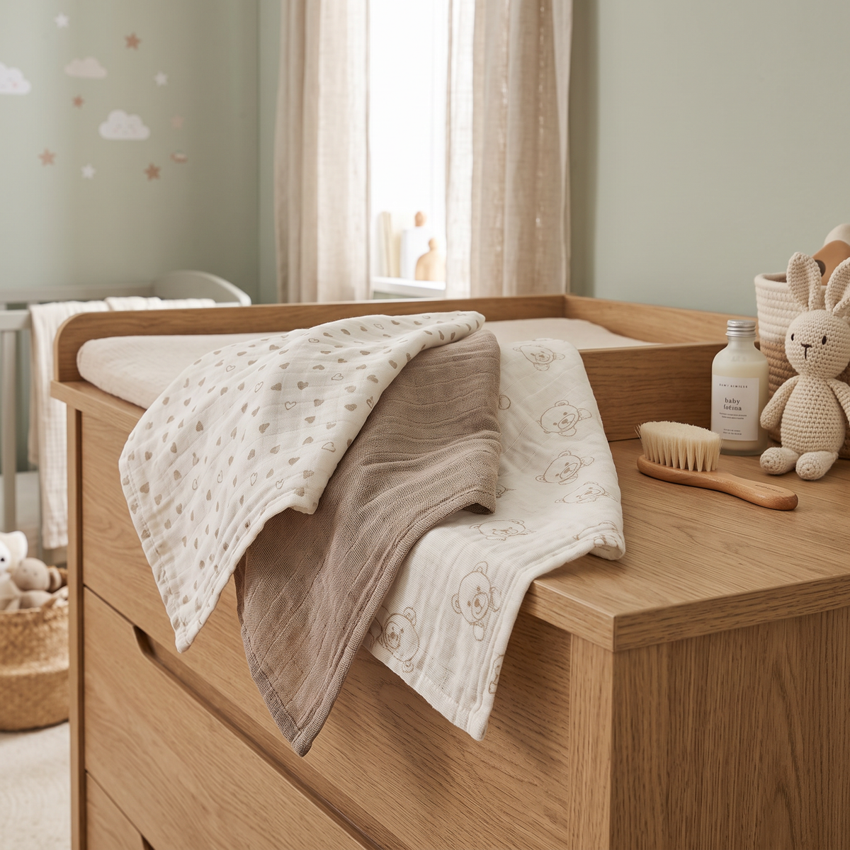 Set 3 Mussole in Garza di Cotone Neonato Rifinite con Piega 75x75cm art.518/1 - Nancy Baby