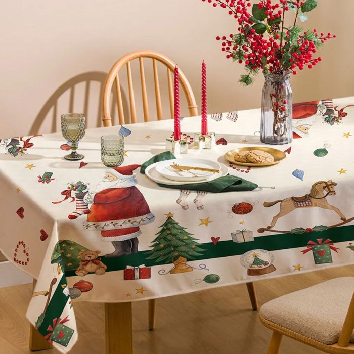 Tovaglia Natalizia Antimacchia Claus da 6 a 24 Posti 100% Poliestere Stampa Digitale - Antica Tessitura Italiana