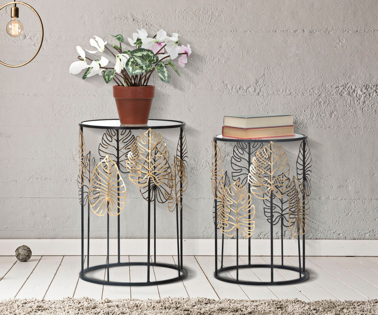 TAVOLINETTI FOGLIE GLAM COPPIA CM Ø 38X55-33X50
