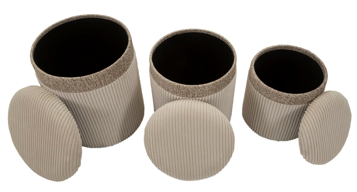 PUFF C/CONTENITORE CORTINA CREMA SET 3 PZ CM Ø 40,5X49,5-35X42-31X38