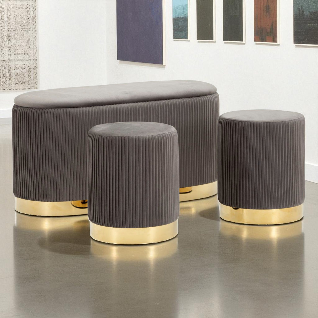 PANCA C/CONTENITORE E SGABELLI SHOPY GRIGIA SET 3 PZ CM 80X37X42-29X35
