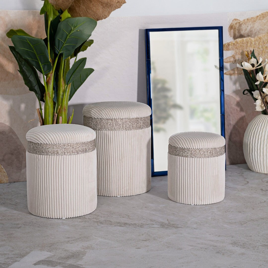 PUFF C/CONTENITORE CORTINA CREMA SET 3 PZ CM Ø 40,5X49,5-35X42-31X38