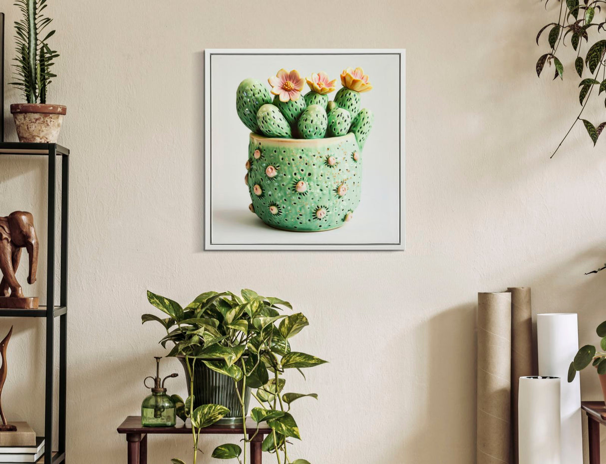 STAMPA SU TELA LACCATA C/CORNICE VASETTO CACTUS -A- CM 40X2,8X40