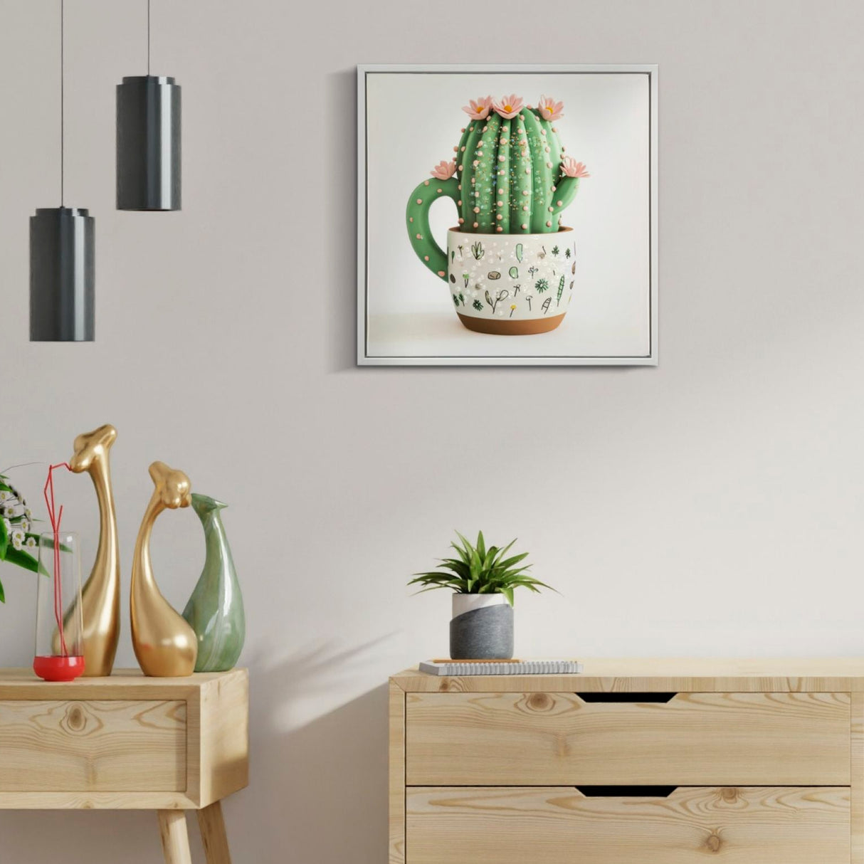 STAMPA SU TELA LACCATA C/CORNICE VASETTO CACTUS -B- CM 40X2,8X40
