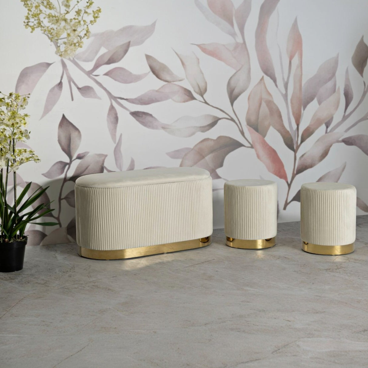 PANCA C/CONTENITORE E SGABELLI SHOPY CREMA SET 3 PZ CM 80X37X42-29X35