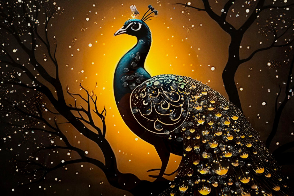 STAMPA DECORATA SU TELA LACCATA C/CORNICE PEACOCK - FERRETTI