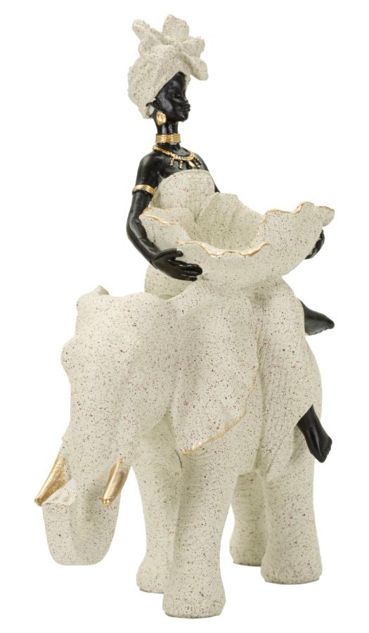 Scultura Etnica Donna Africana Su Elefante 50X16X34cm - Ferretti