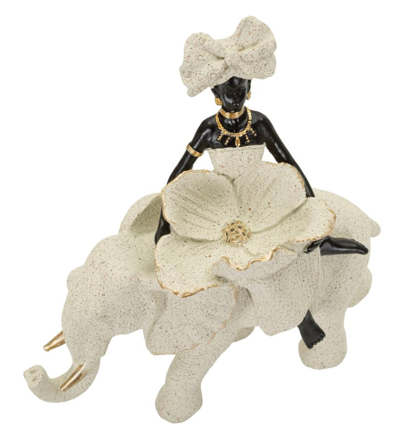 Scultura Etnica Donna Africana Su Elefante 50X16X34cm - Ferretti