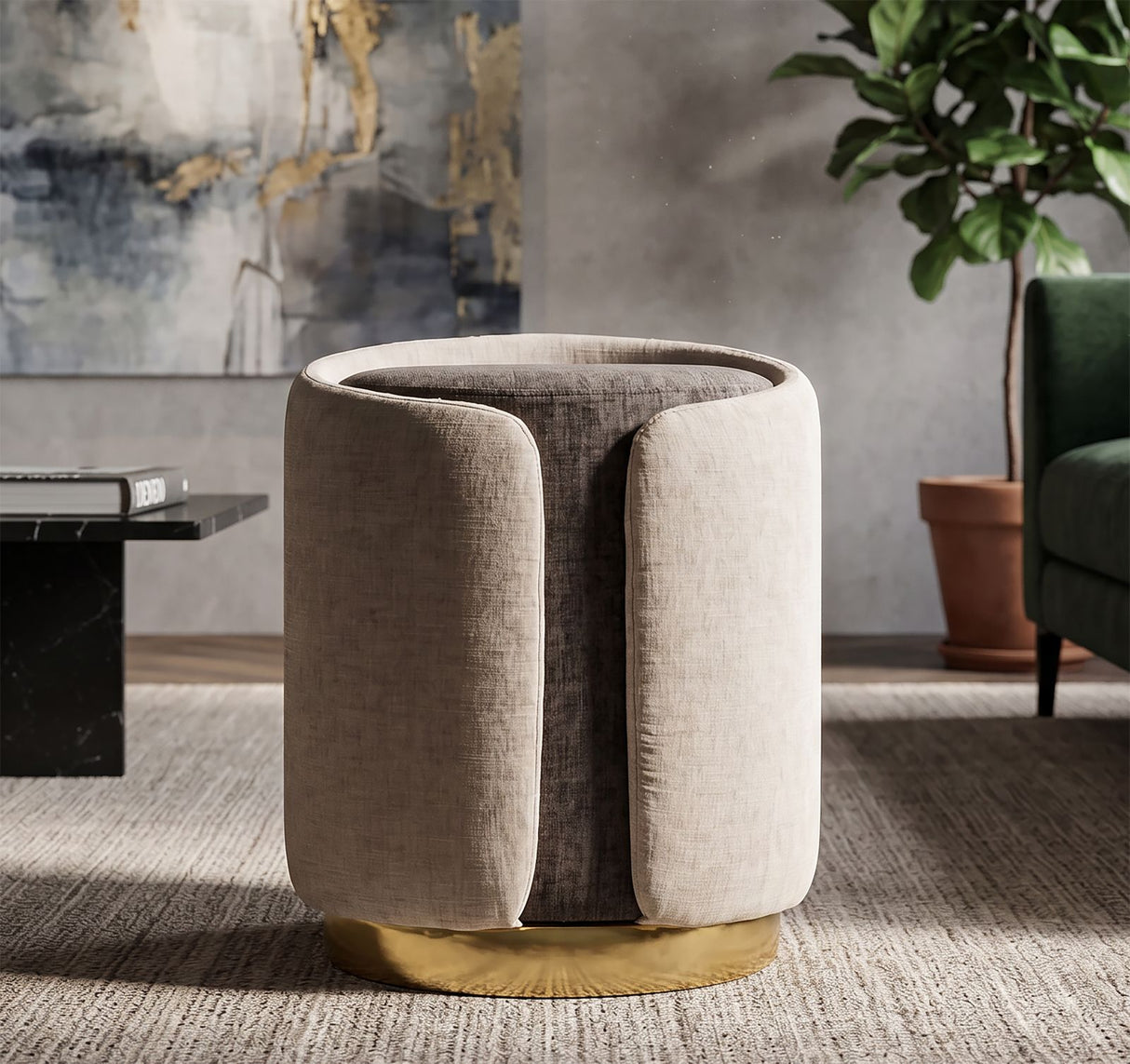 Pouf Stile Glam Bicolore Con Base Dorata Cm Ø 40X50