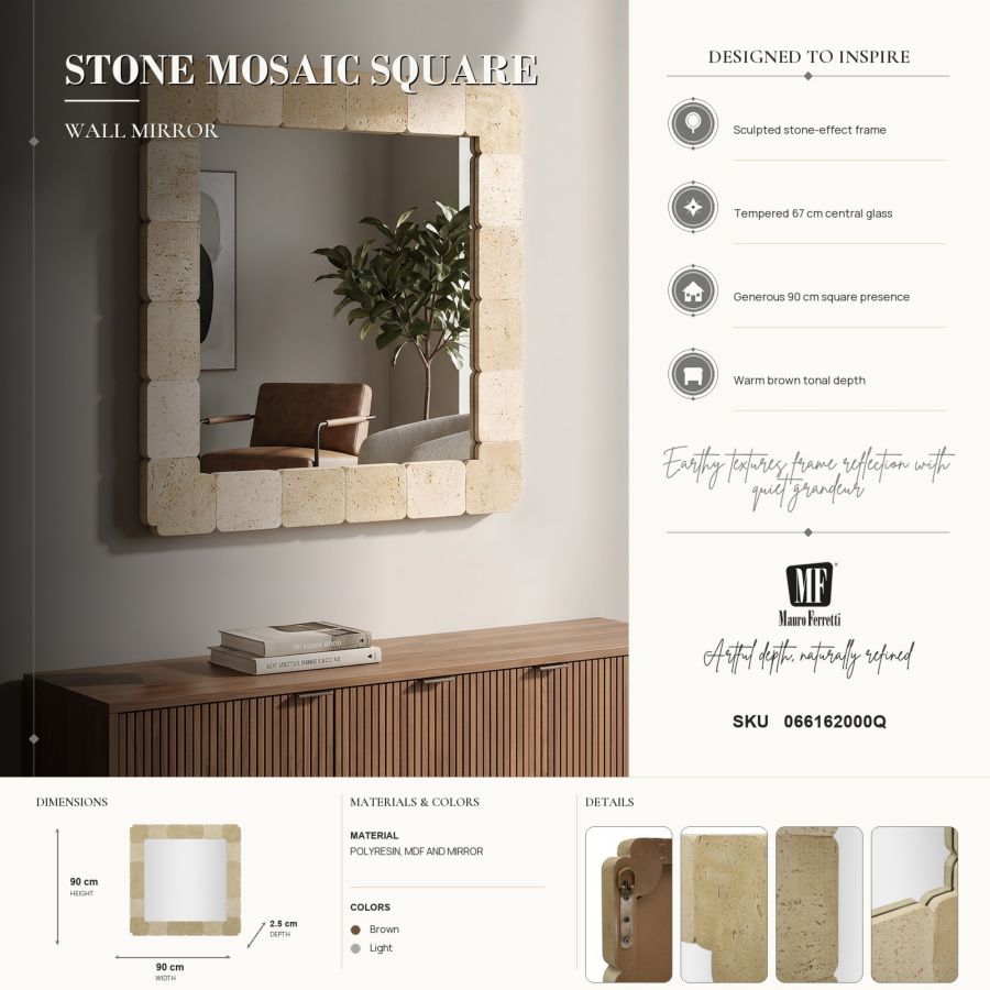 Specchio Da Parete Quadrato Stile Naturale 90X2,5X90cm - Ferretti