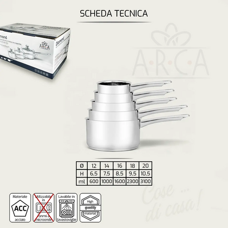 Set 5 Pentole Diamond 12/14/16/18/20 un manico in acciaio inox - Arca